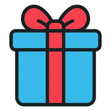 Add color to the gift icon using a bright, cheerful palette with a red ribbon and a blue box, keeping the icon style clean and minimal. sticker
