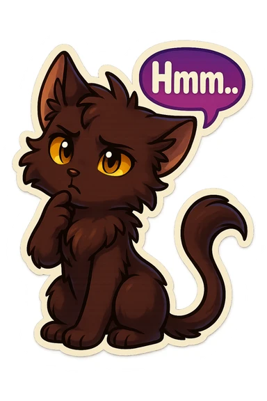a dark-brown fluffy cute kawaii anthropomorphic furry anime cat-furry with tufted ears, golden eyes, and a long thin tufted tail, thinking, frowning thoughtfully, saying “Hmm..” with a purple speech bubble, (cartoon style) (cute anime style) (furry style) (deviantArt style) (artist style: Kamirah) sticker