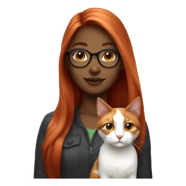 White Red head girl with glasses holding long-haired calico cat sticker