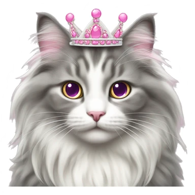 Gray and white Norwegian Forest Cat with a princess tiara and pink bow sticker