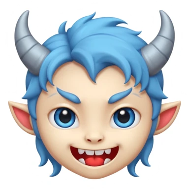 Cute demon cartoon emoji character, chibi proportions, small horns, mischievous smile, big expressive eyes, soft rounded face, tiny fangs, stylized hair, clean smooth shading, simple shapes, friendly not scary,  sticker