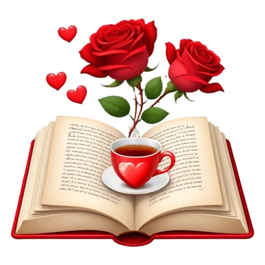 Icon for Romance Reading: an open book with a heart-shaped bookmark, surrounded by roses, a love letter, and a cup of tea, with small hearts and Cupid with bow and arrows flying out of the pages. Transparent background. sticker