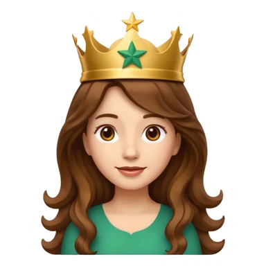 Apple style 3D emoji of a young woman inspired by the Starbucks logo. She has long wavy hair on both sides, a crown with a star on her head, and a soft smile. Smooth, shiny, simple emoji look. sticker