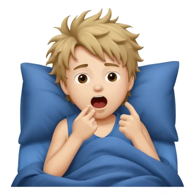 emoji- of a cute boy waking up in bed. He is yawning or rubbing his eyes.  sticker