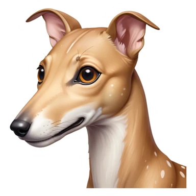 Cinematic Cute Fawn Greyhound Portrait Emoji, Head tilted playfully and inquisitively, featuring a sleek fawn Fur with a gentle sheen, round, sparkling eyes filled with curiosity, Simplified yet irresistibly adorable features, highly detailed, glowing with a warm, friendly glow, high shine, affectionate and nimble, stylized with a touch of whimsy, bright and endearing, soft glowing outline, capturing the essence of a mischievous yet loving racer, so playful it feels like it could sprint out of the screen and into your arms! sticker