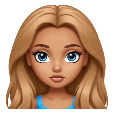 pretty bratz girl, tan skin, light brown long hair, blue eyes, black eyeliner sticker