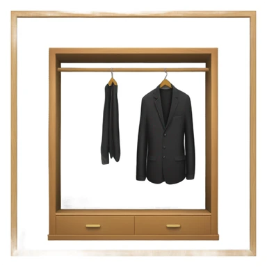 Design an emoji-style icon of an open wardrobe with clothes hanging inside. Include details like a wooden frame, hangers, and black clothing items such as shirts or any other clothing . Use a clean and minimalistic design. sticker