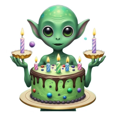 A giant alien holding a birthday cake that is actually a miniature galaxy, tiny planets orbiting the candles, cosmic dust swirling, epic scale contrast, ultra detailed space fantasy art

 sticker