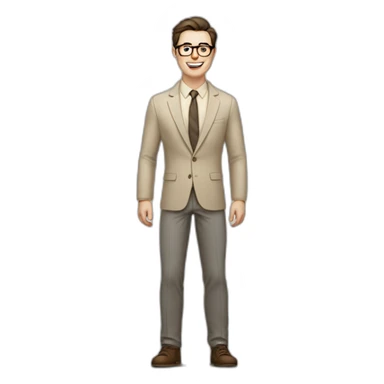 Joyful Full height Pale skinned Fit Man With dark brown hair in gray jacket, beige office shirt, Brown pants and vintage glasses. His thrumbs up sticker