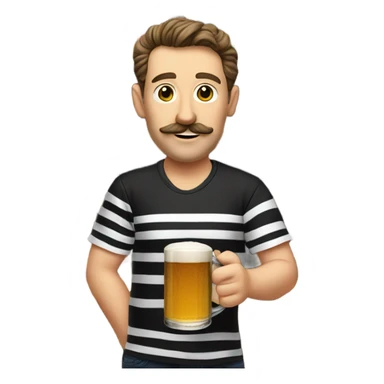 A northern man with a moustache with short mulletish curly brown hair wearing black and white stripe t shirt behind a bar serving a crisp pint of tribute sticker