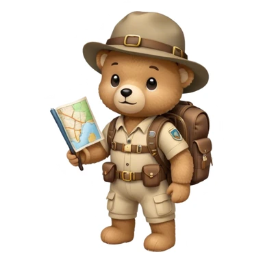 A cute, cartoon-style teddy bear, dressed as an explorer, carries a well-equipped backpack and holds a map in his hand. Explorer bear sticker