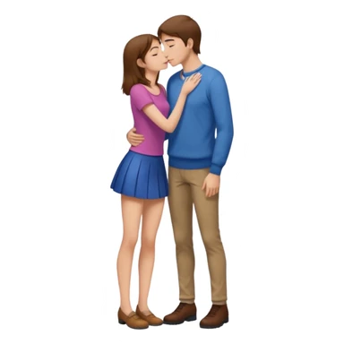 A naked girl with brown hair and bare small breasts openly kisses a tall guy with brown hair full-length on the lips. she is with naked boobs She is wearing a very short skirt and is in full height. sticker