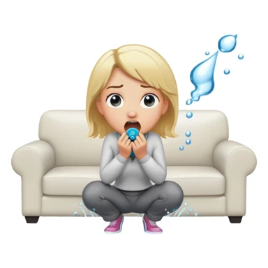 round-faced blond woman kneeling, shocked expression, playful cartoon stick with D-shaped knob and exaggerated features coming from trousers in front of her face, water jet into her mouth, white couch behind sticker