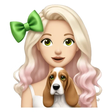 pale blonde girl with long platinum white wavy hair with bright green eyes and wearing a light pink hair bow holding a brown and white basset hound puppy also wearing a hair bow sticker
