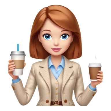 A Barbie girl with blue eyes, shoulder-length reddish-brown hair, made-up, wearing a white tweed jacket and a beige skirt, with a glass of coffee in her hands sticker