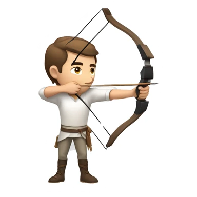 a male archer aiming with a bow facing  his target, eyes closed, wearing a white shirt, very short brown hair, bright skin sticker