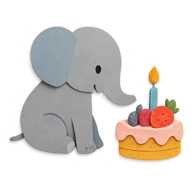 elephant beside one colorful candle-lit fruit cake, paper-craft style sticker