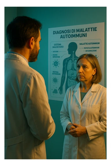 Foto tutta in italiano Realistic, detailed photo taken from behind of one doctor e un paziente —a bearded man and a middle-aged woman—standing and facing each other as they discuss an autoimmune disease diagnosis in front of a medical chart that displays information about the immune system and autoimmune conditions. The scene is illuminated by a yellowish, orange, warm light that softly envelops the doctors. The entire room is bathed in a single green-blue color, creating a cohesive and modern atmosphere. Both doctors wear white coats, and their body language suggests a serious, professional conversation about the complexities of autoimmune diseases. Shot with a Canon EOS R5, with high detail and natural depth of field. scritto in italiano sticker
