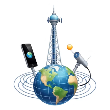 An icon featuring a communication tower with signal waves, satellites in orbit, and fiber optic cables. The design includes a smartphone and an earth with connection lines, symbolizing global communication networks. Transparent background  sticker