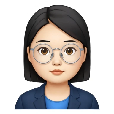 chubby asian waman wear thin siver circle glasses round eyebrow medium black hair wear black suit blue shirt  sticker