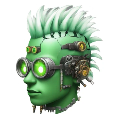 Green Mohawk hair male cyborg head with white steampunk goggles and circuits sticker