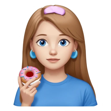 una ragazza dall‘ età di 19 anni con capelli castani chiaro lunghi e lisci ,  occhi celesti,  con addosso una maglietta con una ciambella e le cuffie airpods (bianche) ascoltando violetta sticker