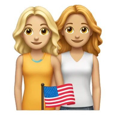 an emoji of two girls in love. one is blonde with shoulder length hair with layers and the other has long wavy auburn hair. they have a pride flag wrapped around them sticker