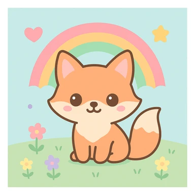 Add a pastel outdoor background, like a soft meadow with flowers, to the cute fox with a rainbow in kawaii style. sticker