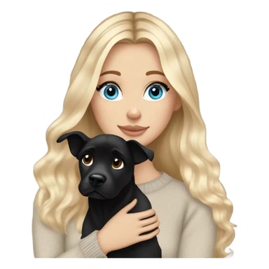 White girl blue eyes Blonde balayage long hair beige sweater cuddling black dog sticker