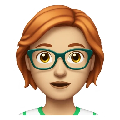 Adult Caucasian woman with choppy straight chin-length highlighted red hair and blue eyes and green glasses and white shirt sticker