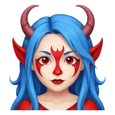 Female devil with long blue hair and horns,  cute face, half body sticker