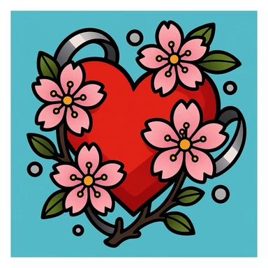 heart with sakura and silver accents, vibrant toon style sticker