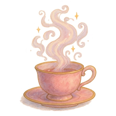 enchanted pink teacup with swirling steam, soft painterly textures, magical and whimsical sticker