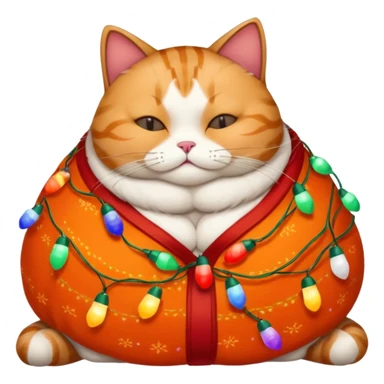 fat, sleeping cat wearing a christmas sweater wrapped in christmas lights sticker