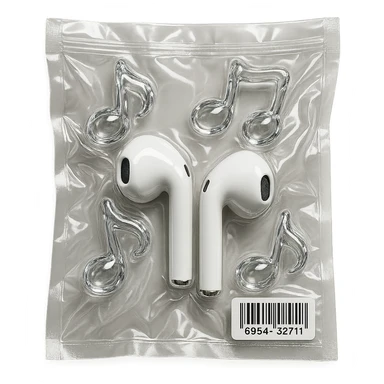 pair of white EarPods with three floating glass music notes in transparent crystal style, shiny and puffy sticker