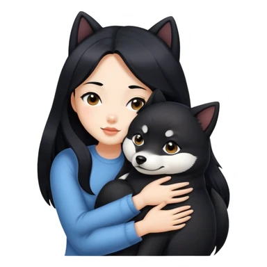 A beautiful girl with long black hair hugs a black Shiba Inu sticker