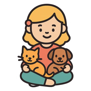 sweet little girl sitting with a cat and dog in her lap, icon style, minimalistic, gentle color palette, easy to recognize at small size sticker