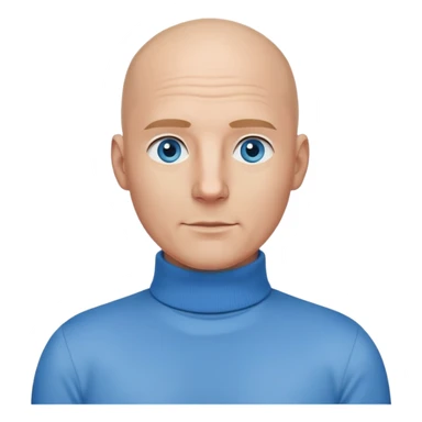 bald man, face and neck, blue eyes, kind face, polo neck shirt in a business setting and IT background sticker