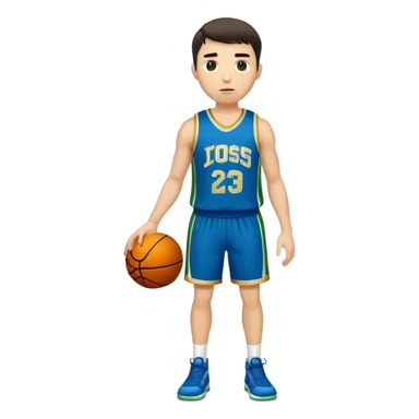 Full Body  white male basketball player with short dark hair and gold tee wearing blue and green uniform sticker