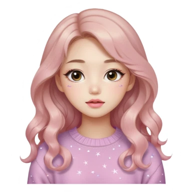 “korean Emoji girl, soft eyeliner, gradient rose lips, light brown shimmer eyeshadow, sparkly aegyo-sal, long wavy hair, cozy pastel sweater.” sticker