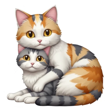 full body colourful light patched calico + white tabby cat cuddling a grey and white cat  sticker
