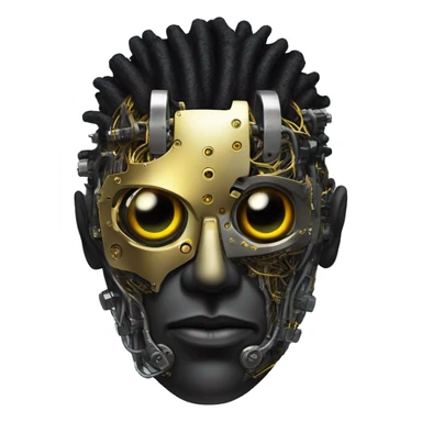 black metal male cyborg head with  one artificial eyeball, circuitry, goatee and dreaded yellow gold hair sticker