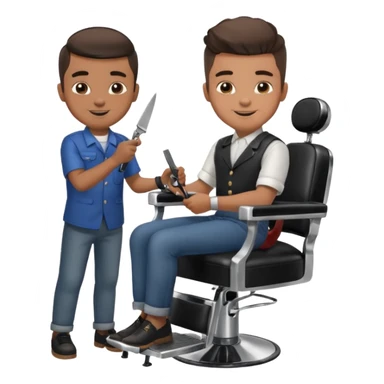 Barber cutting boys hair. Show the boy sat in black barber chair and both having smiles on their faces sticker