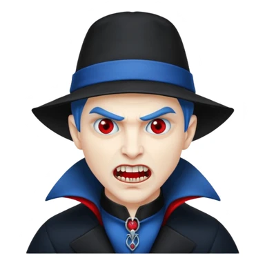 Vampire with blue hat ,black coat with read collared ,teeth looks like vampire with aggression on face and a full body. sticker