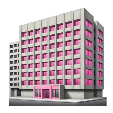 Brutalist concrete government building with one distinctive pink window and many standard windows sticker