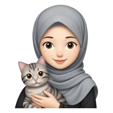 Asian White girl wearing pretty hijab holding a black grey tabby cat while smiling sticker