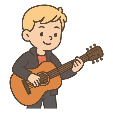 flat toon style young blonde boy in a black jacket playing a guitar sticker