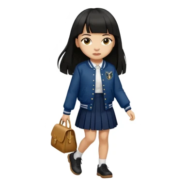 hair : black long hair with fringe 
skin : light 
cloth : deep brown varsity jacket + navy long long school girl skirt 
motion : walking 


 sticker