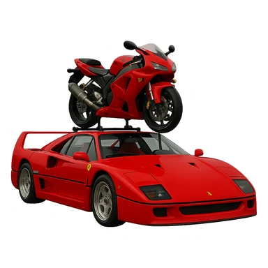 Add visible supports holding up the red motorcycle on the roof of the realistic F40. The background should be transparent, isolating the subject clearly. sticker