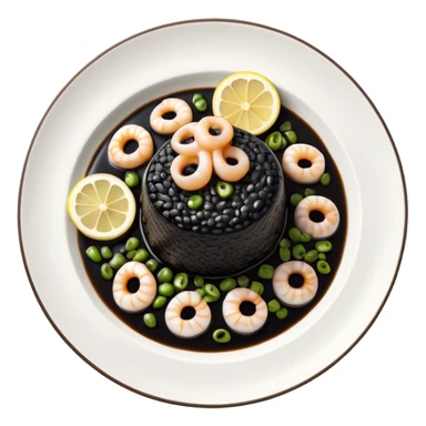 cinematic-realistic-black-risotto-dish,-showcasing-small squid pieces in black sauce -rendered-with-bold-textures-and-dynamic,-dramatic-lighting in a white plate with a grilled lemon on top sticker